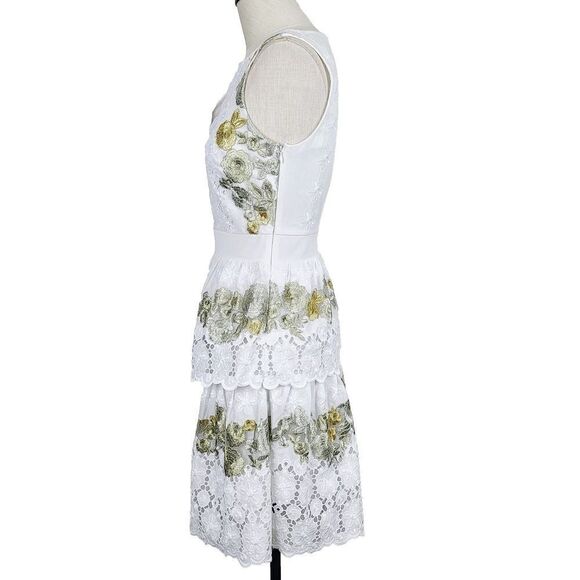 Diane Von Furstenberg Dress 2 White Eyelet Gold Metallic Embroidered Tiered Mini - Picture 3 of 8